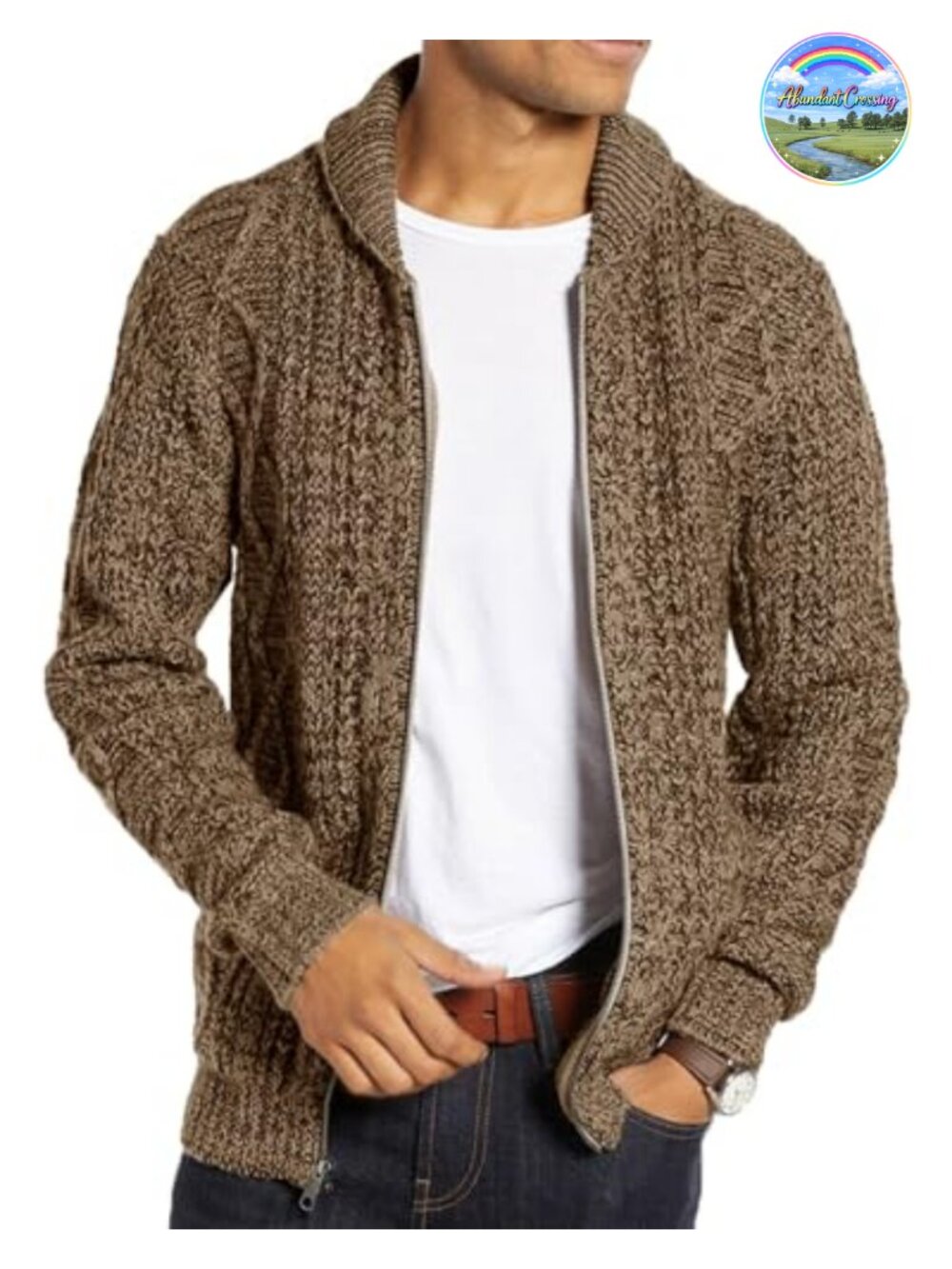 Mens Cable Knit Shawl Collar Zip Up Cardigan Sweater Acrylic